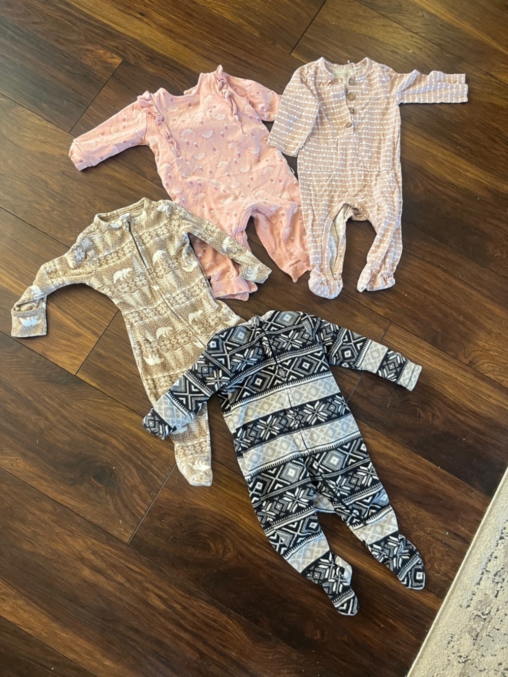 Assorted Baby One-Piece Sleepers - Pink, Beige, Black Patterns 6-9 mo